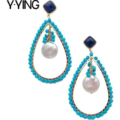 Y·YING Teardrop Blue Turquoises White Coin Pearl Blue Sodalite Dangle Stud Earrings ethnic style for women