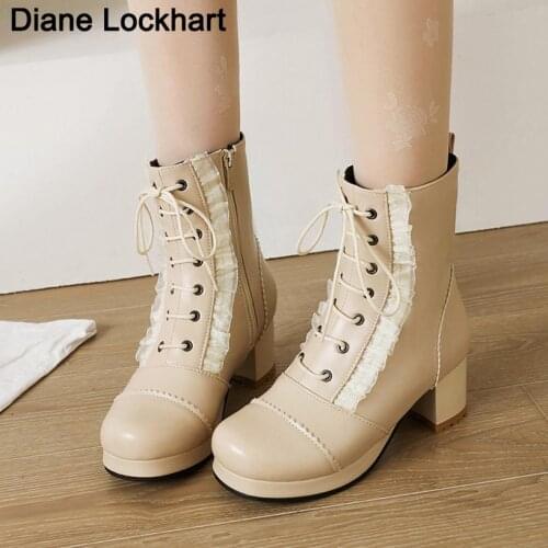 Autumn Lolita Shoes Sweet Lace Ankle Boots Women Round Toe Zip High Heel Boot Fashion Plus Size Square Heels Platform Booties 32