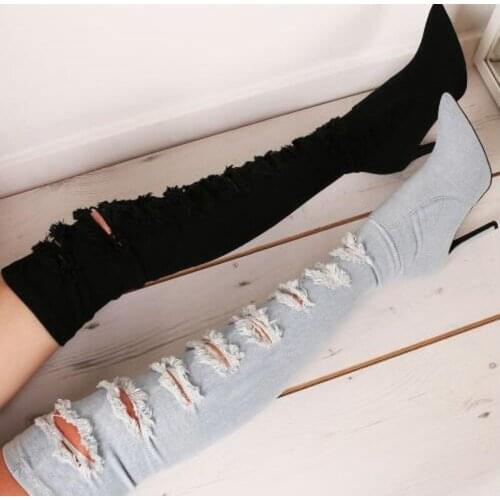 2018 New Design Women Pointed Toe Over Knee Denim High Heel Boots Cut-out Slim Style Long Jean Boots Dress Shoes