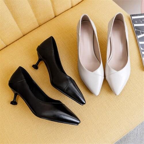New beige Black Shoes Ladies Pointed head Med Heels Casual Working Shoes Female Shoes Women Party Shoes Wedding 2020