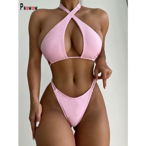 Prowow Pink Color Sweet Women Bikini Set Halter Bra High Waist Panty Two Piece Swimsuits Bathing Suit 2021 New Summer Beachwear