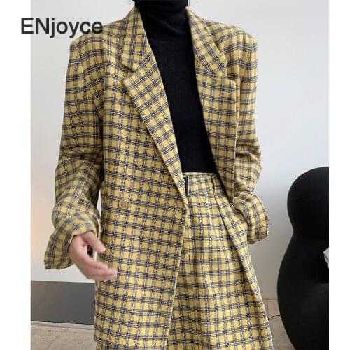 2020 Winter Wool Suit Women Retro Plaid Blazer Oversized Vintage Coat Female Lattice Wide Shoulder Japan Harajuku Stylish Jacket