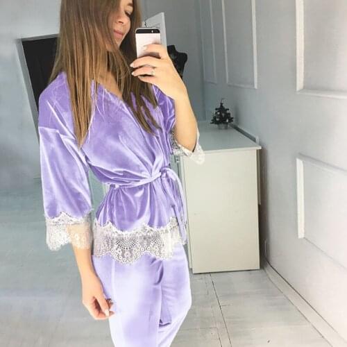 2021 Velevt Women Sleepwear Winter Knitting Suit Sets Homewear Patchwork Lace Sexy Suit Sets Female Half Sleeve Tops And Pants