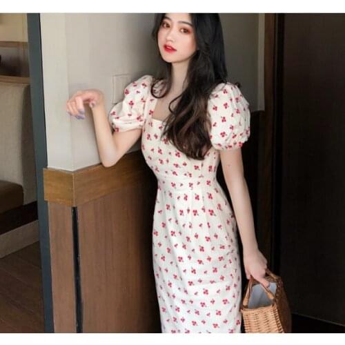 2021 Vintage puff sleeve printed long dress Elegant ruffle square sleeve slim maxi dresses vestidos vestidos de fiesta de noche