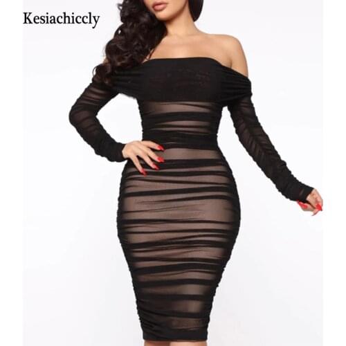 Kesiachiccly Double Layer Mesh Sexy Party Dress Off Shoulder Elegant Women Dress Ruched 2021 Autumn Winter Bodycon Short Dresses