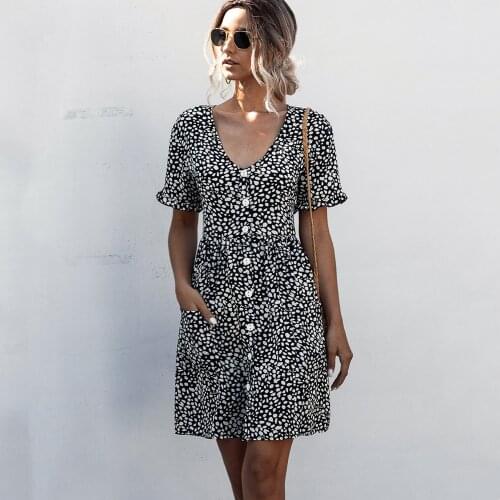 Sexy Deep V Neck Womens Dress 2021 Causdal Summer Boho Polka Dot Print Ladies Dresses Bohemian Fashion Button Pocket Mini Dress