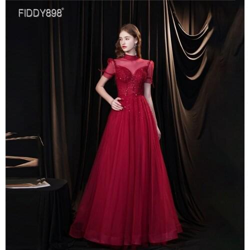 Burgundy High Neck Short Sleeves Evening Dress 2021 Long Evening Party Dresses Women robe de luxe femme Beaded A-Line Prom Gown