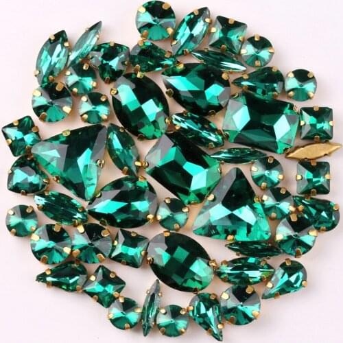 Gold claw setting 50pcs/bag shapes mix Emerald glass crystal sew on rhinestone wedding dress shoes bags diy trim
