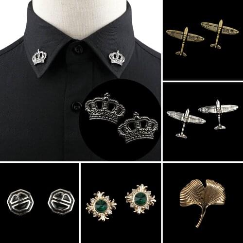 1PC/2PC Trendy Suit Shirt Collar Pin Airplane Crown Tree Leaf Gem Retro Brooches For Men Women Wedding Party Daily Accessory