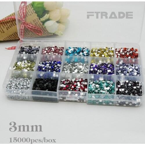 15000pcs 3mm 15 color Mixed Nail Art Rhinestones Clear Plastic Storage Case 1000pcs/color altogether 15 grid