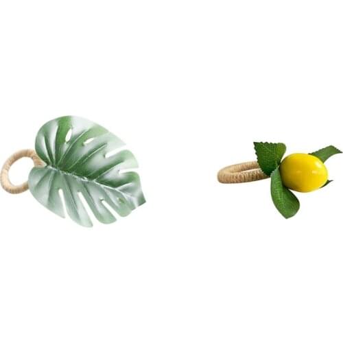 New 6Pcs Green Leaves Napkin Rings Napkin-Holder & 8Pcs Simulation Lemon Plant Napkin Ring Fruit Meal Buckle Hotel Model