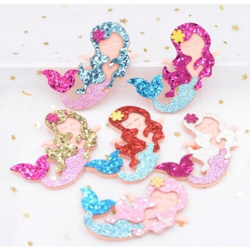 6CM Glitter Fabric Appliques Cartoon Mermaid Nonwoven Padded Patches for Wall Hat Stickers DIY Hair Clips Decor Accessories G07
