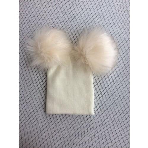 Baby hat Toddler Kids cap with double pom poms children hat with ears for boys and girls kids cap 2 double faux fur pompoms