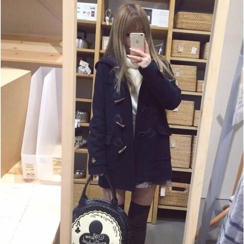Japanese Style College Style JK Uniform Long Woolen Coat Womens Autumn and Winter Horn Buckle Hooded Slimming Woolen Overcoat