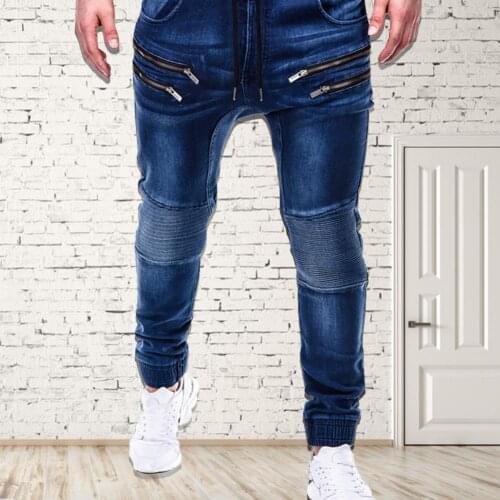 Jeans Men Casual Men Zipper Drawstring Pockets Running Skinny Pants Jeans Jogger Trousers Blue Jeans Man Jens Men Fashions Blue
