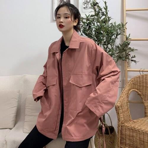 2020 Spring Autumn Coat Basic Long Sleeve Large Size Loose Casual Womens Coats Outerwear Ladies Pocket Zipper Jacket Tooling