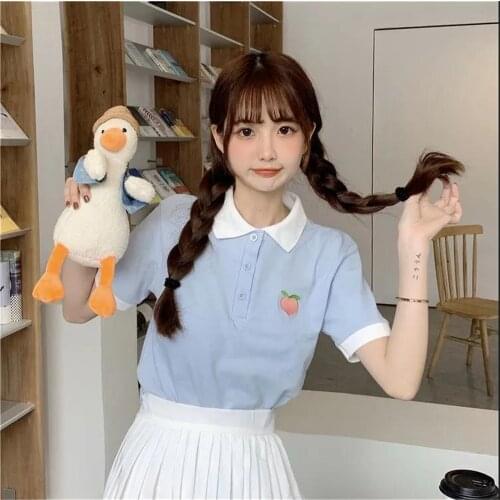 Cute Summer Korean Solid Polo Shirt Harajuku Japan Casual Embroidery T Shirt Hip Hop Punk Loose Student Shirt Funny Tops Girl