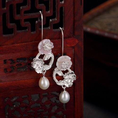 Baifuming S925 sterling silver plum natural pearl shell eardrops retro personality art all-match ornament