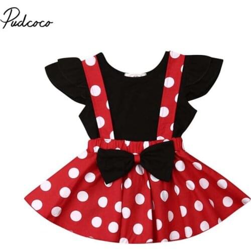 New Baby Summer Clothes Toddler Kid Baby Girls Solid Tops T-shirt+Bowknot Suspender Dots Print Skirt 2PCS Outfit Clothes 6M-3T
