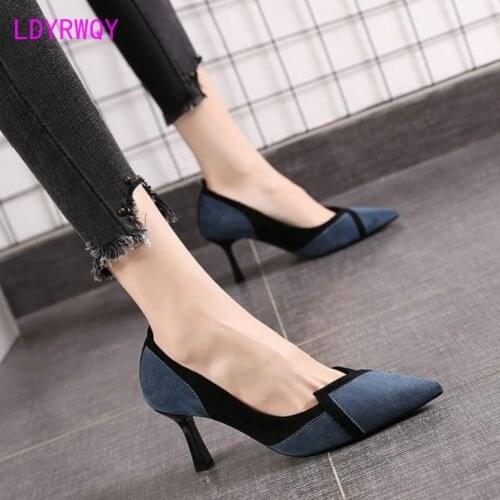 2021 new Korean style all-match stiletto mid-heel high heels fashion color matching shallow mouth womens shoes