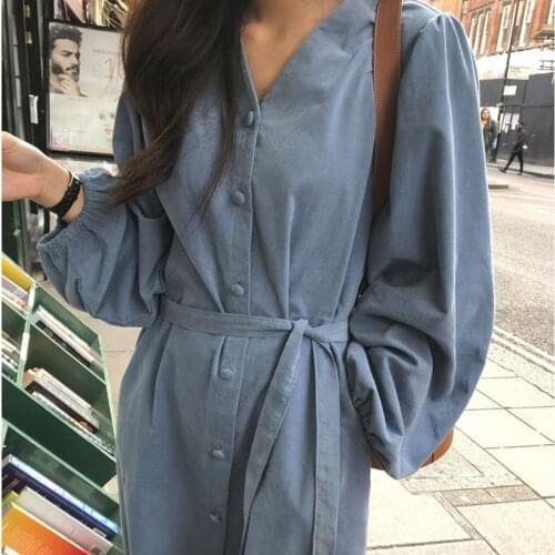 2021 New V-neck Women Autumn Corduroy Dress Korean Blue Single-breasted Loose Overised Female Dress robe longue femme harajuku