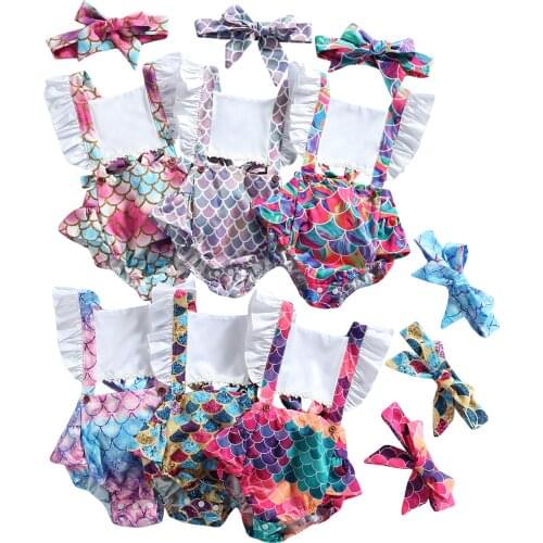 New Baby Girl’s Casual Fly Sleeve Romper Fashion Fish Scales Print Bandage Jumpsuits and Headband