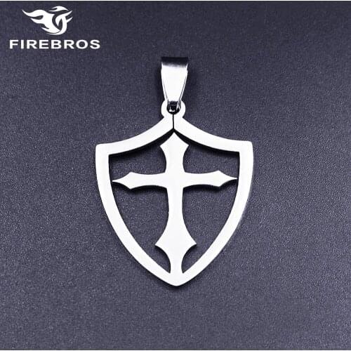 FIREBROS Silver Color Titanium Stainless Steel Knights Templar Cross Shield Amulet Pendant Necklace Men Women Cheap Jewelry Gift