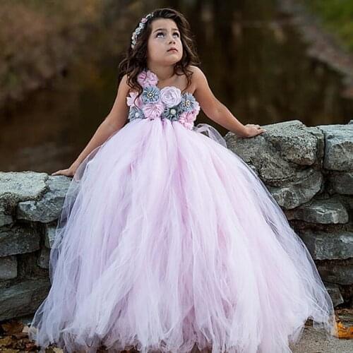 Lovely Girls Pink Grey Flower Tutu Dresses Kids Crochet Tulle Dress Ball Gown Children Birthday Wedding Party Costume Dresses