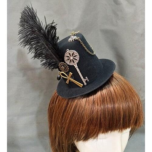 Handmade Steampunk Feather Mini Fedora Hat Gear Chain Alloy Cross Fascinator Hair Clips Vintage Fancy Show Mini Top Hat Headwear