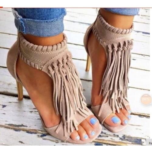 Summer style cool apricot suede fringe sandals fashionable tassels weave ankle strap design open toe high heeled party shoes wom