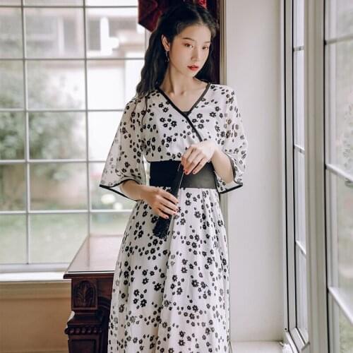 Chinese Style Girl Vintage Dress Female Summer 2021 V-neck Daisy Chiffon Print Sweet Chic Improved Hanfu Dresses Women Kimono
