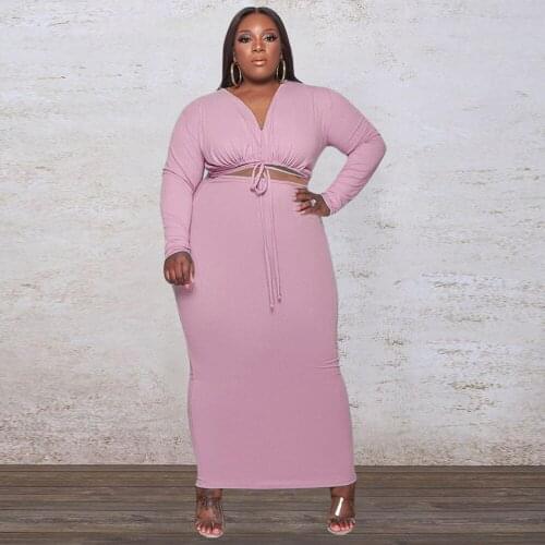 ZJFZML ZZ Women Clothing 2 Piece Set Plus Size 2021 New V-neck Long Sleeve Crop Top+bodycon Long Skirt Dropshipping Wholesale