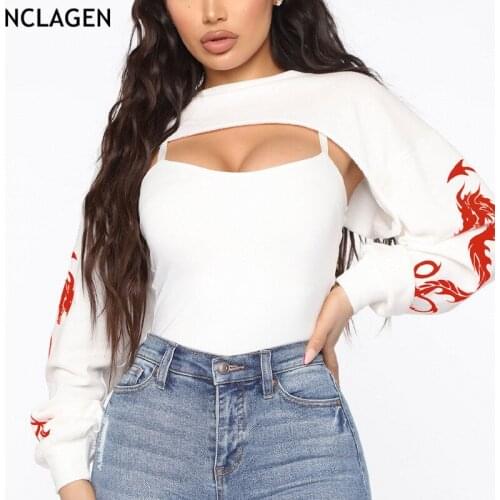 NCLAGEN Dragon Print Ultra Short Women Pullover Cropped Sweatshirt With Fitness White Mini Camisole Lady Two Pieces Tops Set