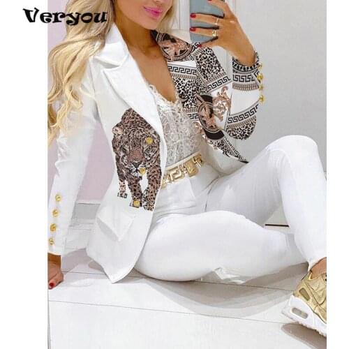 Two Piece Set Women Clothes For Ladies Outfits Lapel Collar Double Breasted Blazer & Tailored Pants Set Tiger Head Print Suit