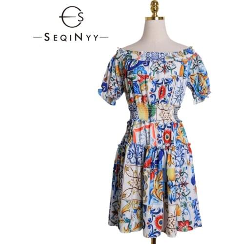 SEQINYY Summer Dress 2020 Early Spring New Fashion Design Women Short Sleeve Ruffles Blue Flowers Porcelain Print Mini Dress