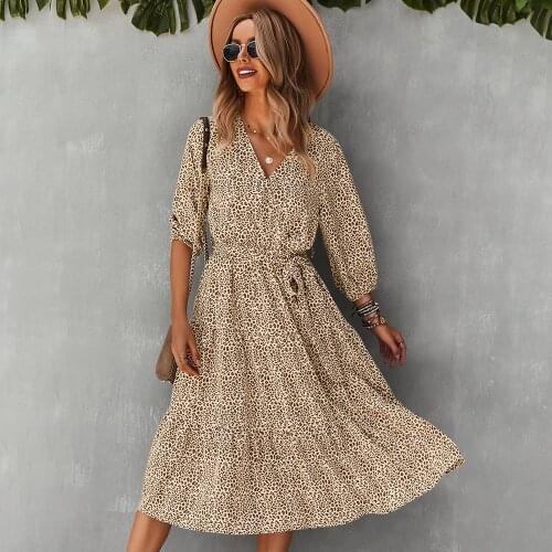 Summer Dot Print Long Sleeve Midi Dress Women Elegant V-neck Sashes Ruffles Party Dress 2021 New Holiday Vintage Dress vestidos