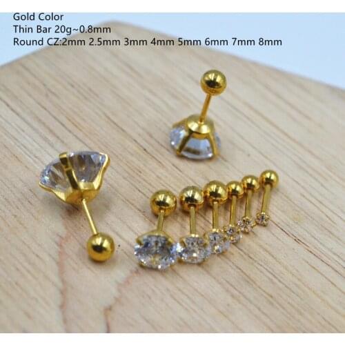 50pcs Body Jewelry Piercing - Gold Thin Bar 20G~0.8mm Round CZ Gems Earring Ear Helix Bar Lobe Cartilage Tragus Diath Studs