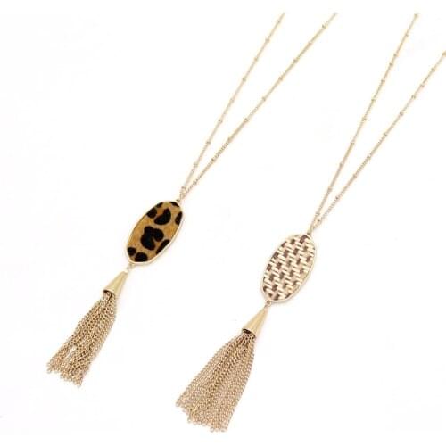 Leopard Oval Stone Gold Border Pedant Tassel Drop Long Saturn Chain Necklace for Women Oval Stone Metal Chain Tassel Pendant New