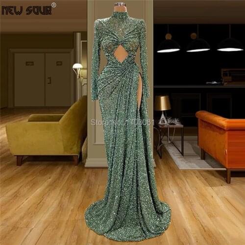 Long Glitter Green Evening Dresses See Through 2020 Sexy Party Gowns For Dubai Arabic Robe De Soiree Prom Dress Beading kaftans