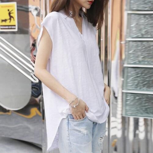 Cotton Solid Women T-shirts 2021 Summer New V-neck Long Oversized Loose Lady Elegant Pulls Tops Tees