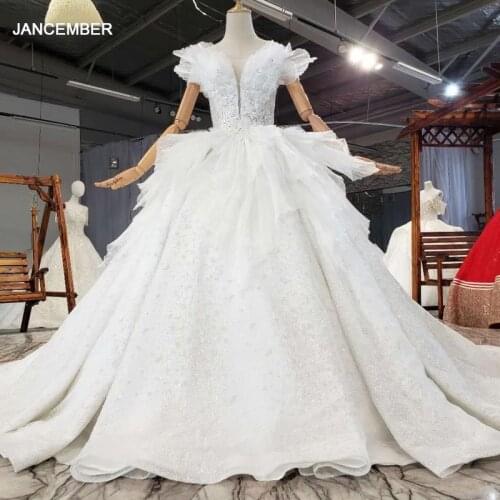 HTL1796 Ball-Gown Beaded Luxury Wedding Dress 2020 Short Sleeve Appliques Deep V-Neck Off The Shoulder