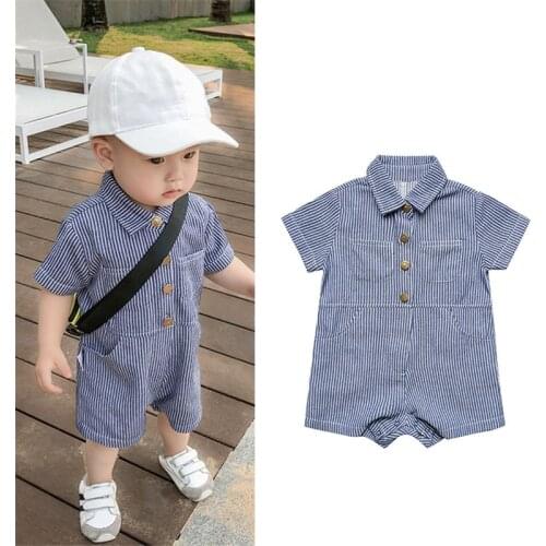 0-3T Summer Newborn Boys Girls Cowboy Striped Thin Jumpsuits Clothes Cute Baby Boys Girls Short Sleeve Rompers Children Rompers