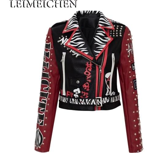 LEIMEICHEN PU Leather Jacket Women Rivet Punk Rock Jacket Biker Motorcyclist Black Short Coat Leather Top S—3XL MT-28836