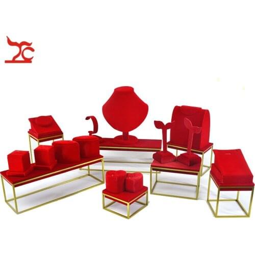 New Stainless Steel Jewelry Display Rack Red Velvet Bangle Riser Ring Pendant Organizer Earring Watch Window Display Stand Set