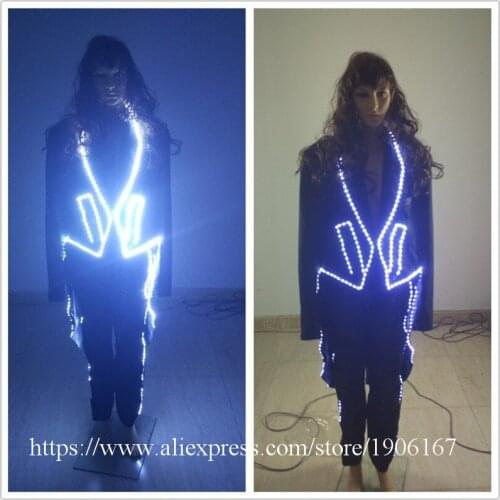 New Design LED Luminous Nightclub Ballroom Costume Led MJ Style Suit Women Tuxedo Waiters Clothes Stage Performance Dance Wear
