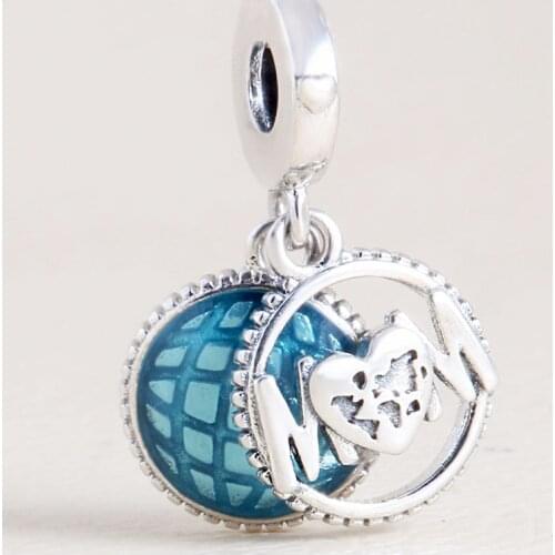 Original Blue Enamel Glitter Globe Mum With Love Heart Pendant Beads Fit 925 Sterling Silver Charm Europe Bracelet Diy Jewelry