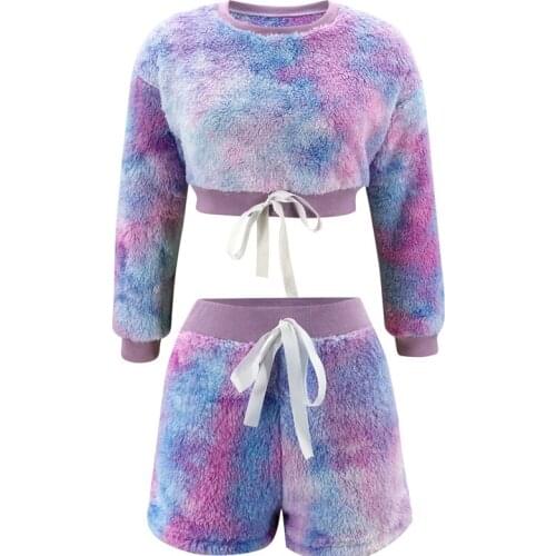 Autumn Winter Plush Women Two Sets Tie Dye Print Casual Pullover Crop Tops Short Pants Set Outfits Pajamas Tracksuit Clothes Set