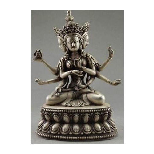 Rare Collectible Decorated Handwork Tibet Silver Carve Buddha 3 Head 6 Arm Sta