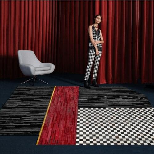 Luxury Hand Stitching Rugs 100% Natural Genuine Cowhide Leather Carpet Black and White Plaid Large Carpets Irregular Area Rug
