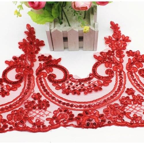 Red Wedding Lace Fabrics Appliqued 3D Flower Embroidered Bridal Sashes Scalloped Sewing Trims Border 22-24CM
